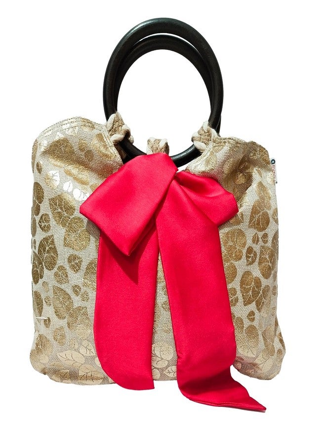 athizay Jute Potli bags wooden handle tassel hanging Solid | Gold Foil Printed Jute Fabric hand carry wristlets pouch bags for women (Gold, Brown) - Image 1